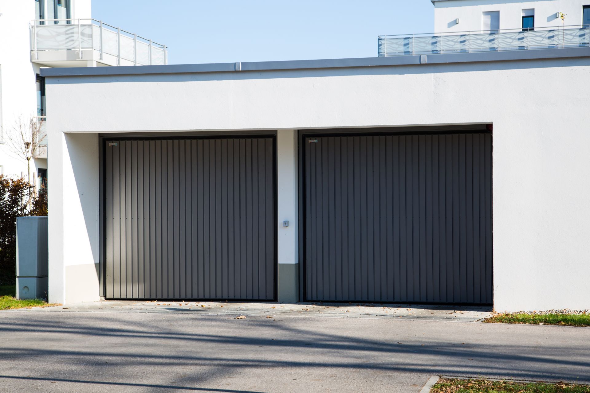 A set of aluminum garage doors